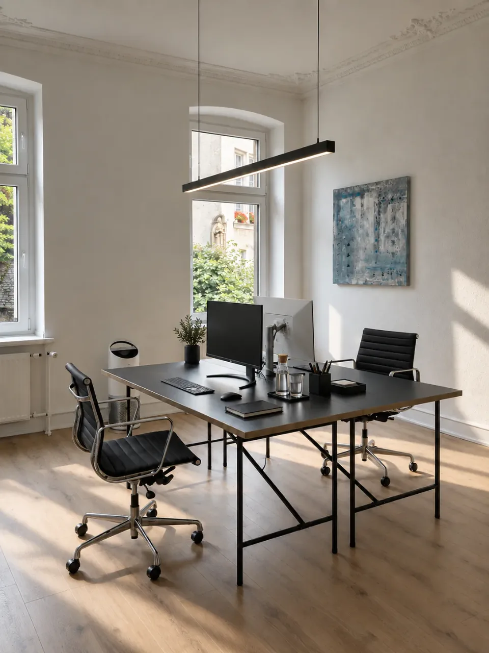 Sonniger Teamraum im THEFABERS Office mit zwei Arbeitsplätzen, Altbaufenstern und Stuckdecke