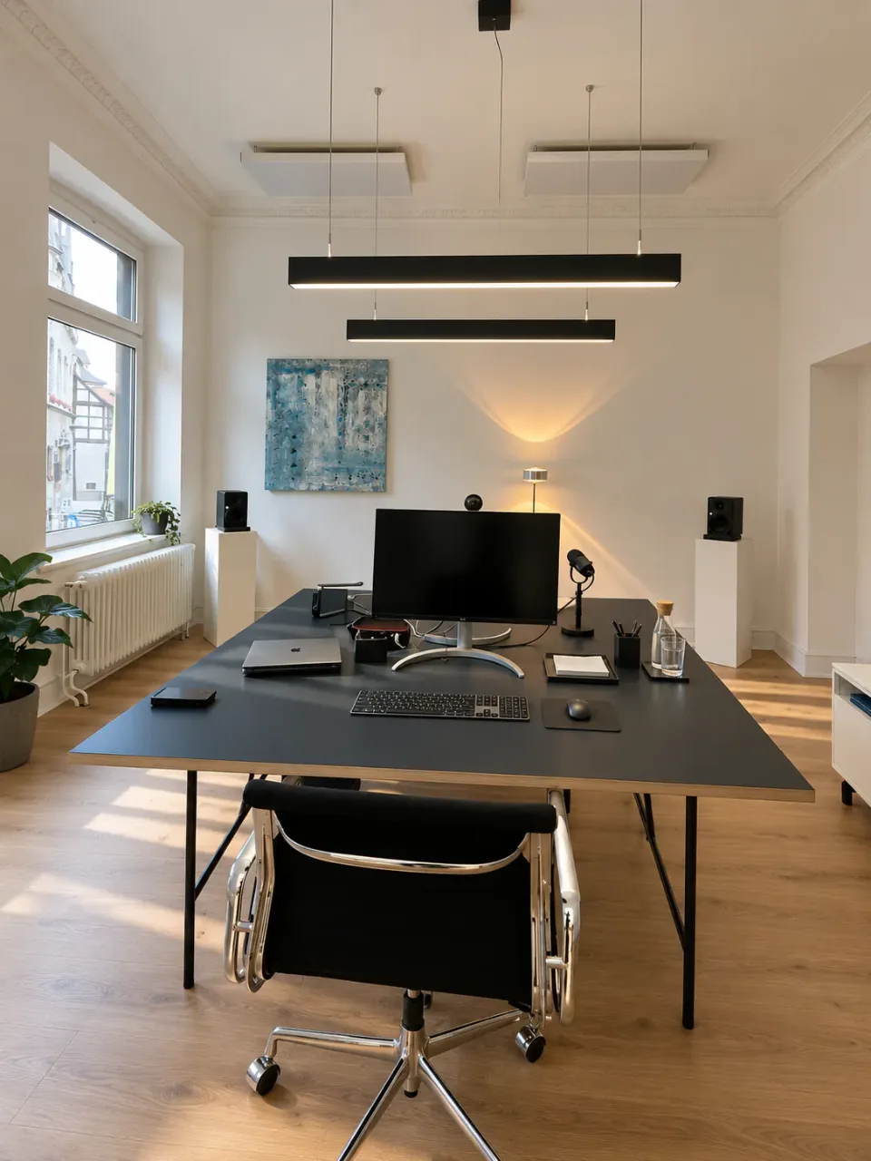 Arbeitsplatz im THEFABERS Office mit Monitor, Mikrofon und Studiolautsprechern