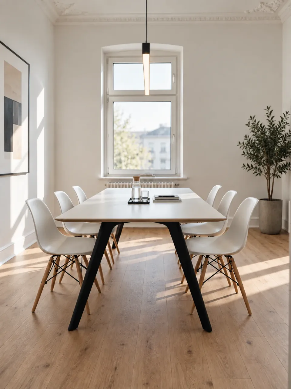 Meetingraum im THEFABERS Office mit langem Tisch, weißen Stühlen und Blick aus dem Altbaufenster