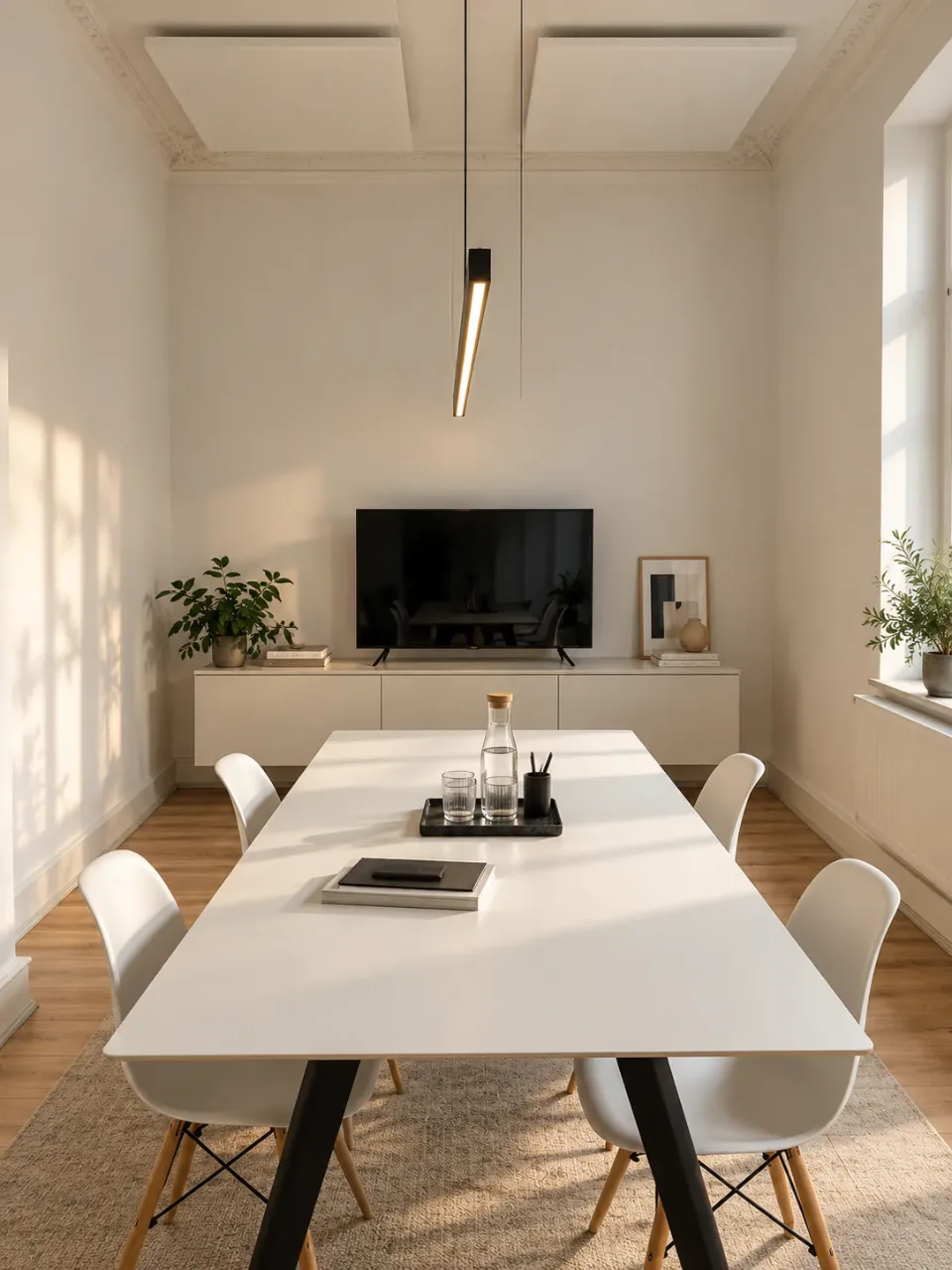 Besprechungsraum im THEFABERS Office mit weißem Tisch, Bildschirm und Abendsonne