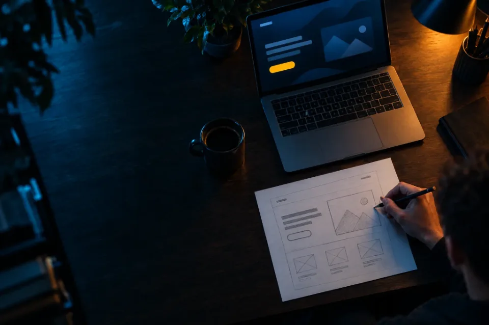 Skizze eines Landingpage-Wireframes neben einem Laptop