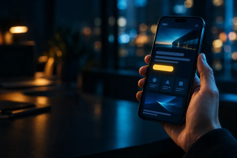 Hand hält ein Smartphone mit einer dunklen Landingpage