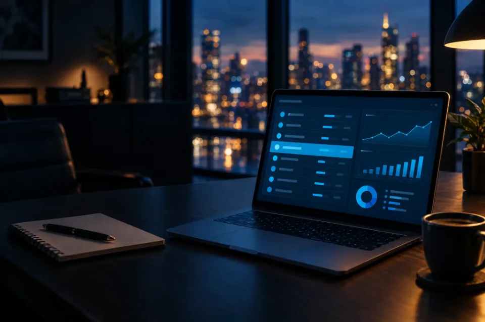 Laptop mit einem Dashboard für B2B-Websitebesucher in einem dunklen Büro