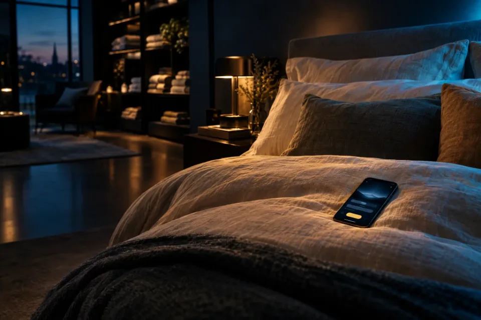 Bett im Showroom eines Bettenfachgeschäfts mit Smartphone auf der Decke
