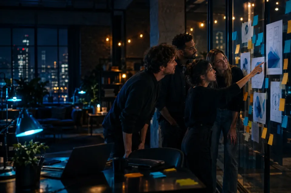Startup-Team arbeitet nachts an Markenskizzen