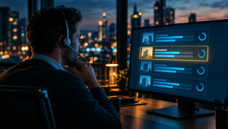 Vertriebsmitarbeiter mit Headset vor einem Monitor mit einer Liste erkannter Unternehmen