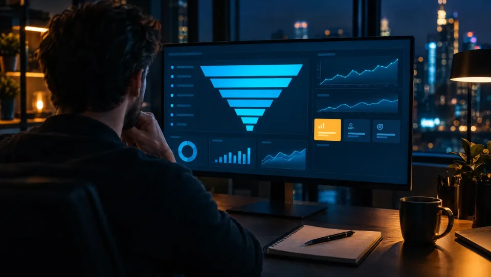 Marketer vor einem großen Monitor mit einem Funnel-Dashboard