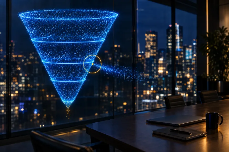 Nächtliches Büro mit Blick auf die Skyline, auf der Glaswand ein leuchtender Trichter aus Lichtpunkten, an einer Stufe tritt Licht seitlich aus und ist golden markiert