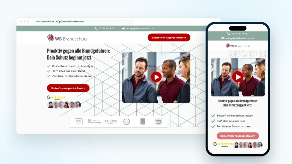 Die Landingpage von WB Brandschutz für Brandschutzkonzepte im Browser und auf dem Smartphone: Headline, drei Vorteile, Button für das kostenfreie Angebot, Bewertungen und Zertifikate